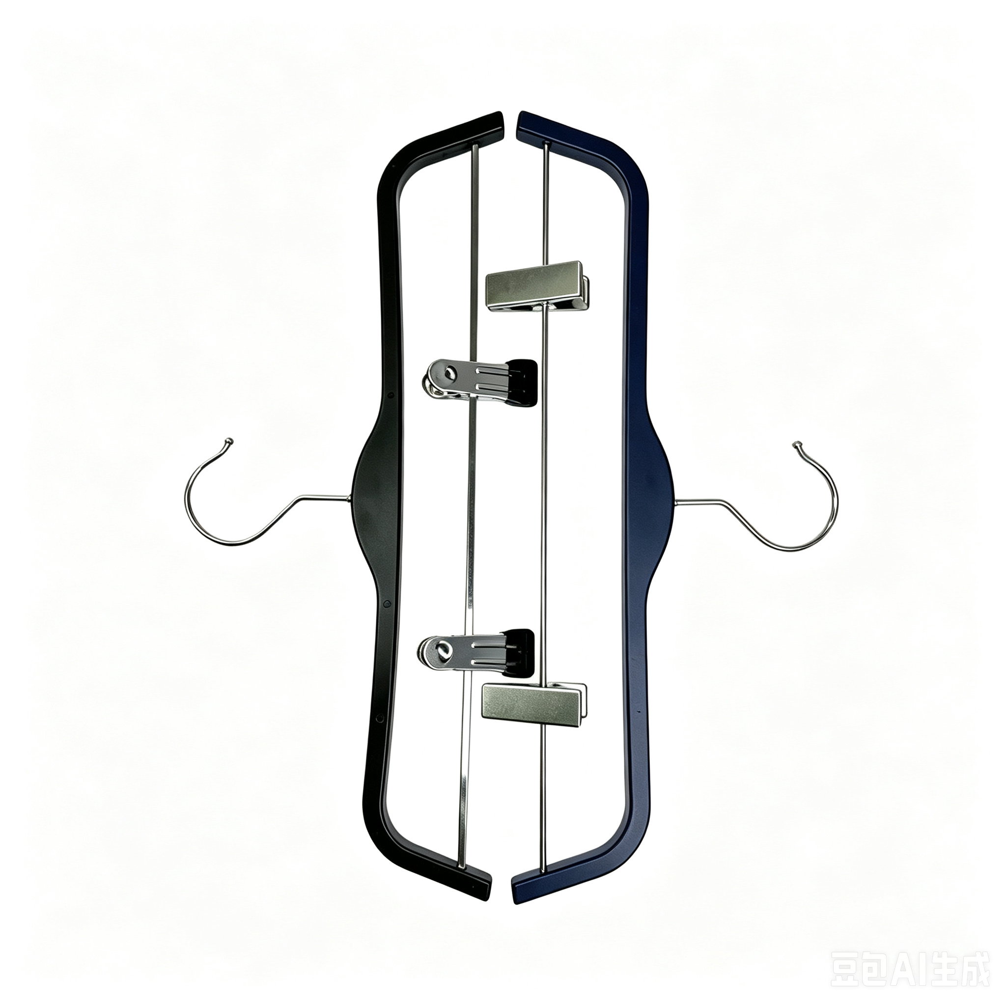 Hand-painted flat plastic trouser hanger with customizable hooks and clips and logo printing for clothing stores