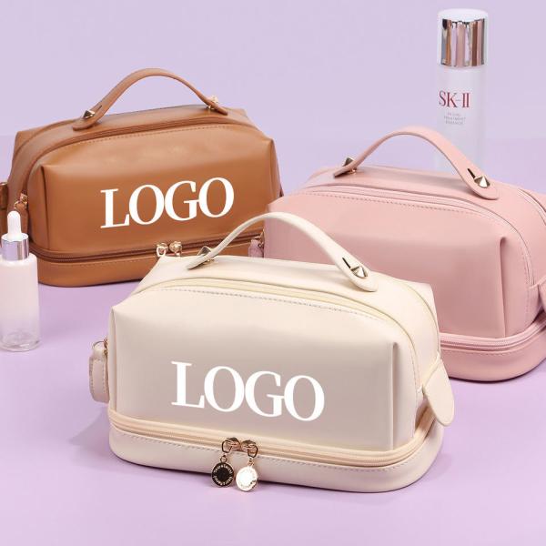 Customized New Arrival Luxury Portable Pu Large White Leather Travel Toiletry Storage Makeup Cosmetic Bags With Logo