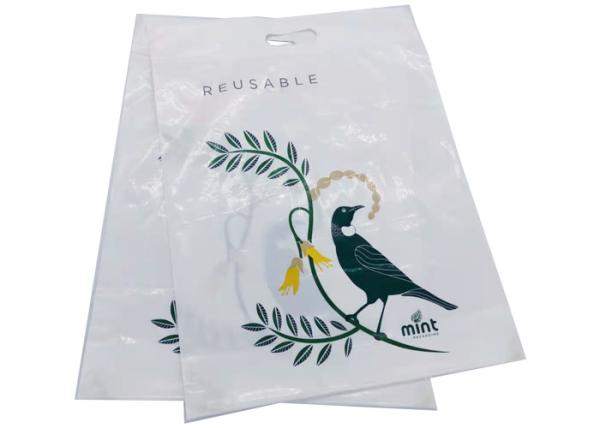 Reusable and Recyclable Heavy Duty White Poly LDPE Reinforced Die Cut Handle Retail Boutique Shopping Bags