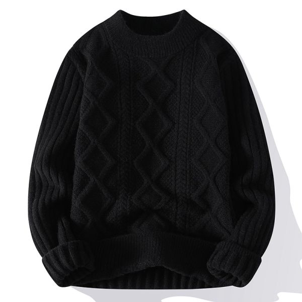 Men's Crew Neck Sweater Knitted with Thick Fabric and Patchwork Pattern in Winter
