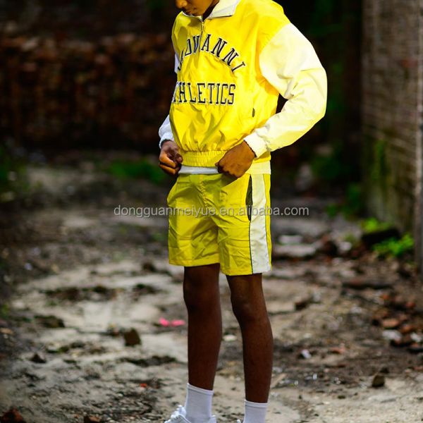 Logotipo con parche bordado a medida, rompevientos, manga larga, botón de arriba, camisa, hombres, pantalones cortos de nylon, uniformes, pantalones cortos deportivos para hombres.