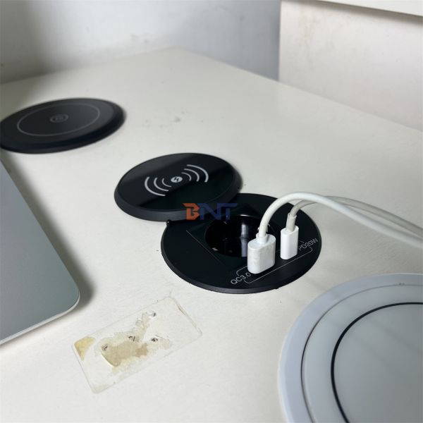 office furniture round qi wireless charger with EU power outlet & usb a+c for sofa coffee table charging station