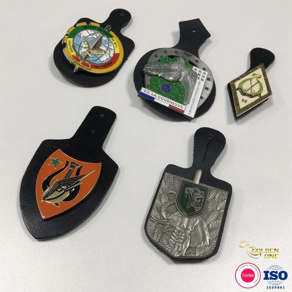 International Custom Shaped Lapel Pins , Soft Enamel Metal Zinc Alloy Badge With Leather