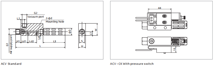 ACV Series Vacuum Generator with 5.0 Pressure 7NL/min Max Vacuum Flow and 13 NL/min Air Consumption