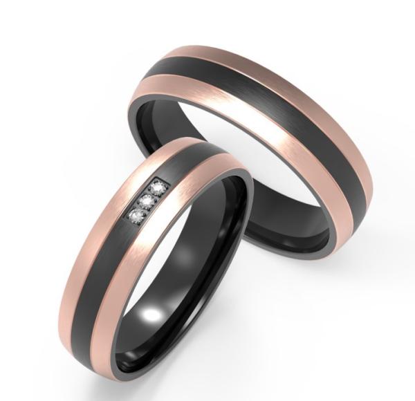Alliance de mariage en titane noir décorative personnalisée, bague en zircon avec double ligne en or rose