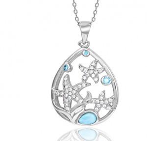 Cabochon Cut 925 Sterling Silver Larimar Pendant Necklace Blue Flower Gemstone