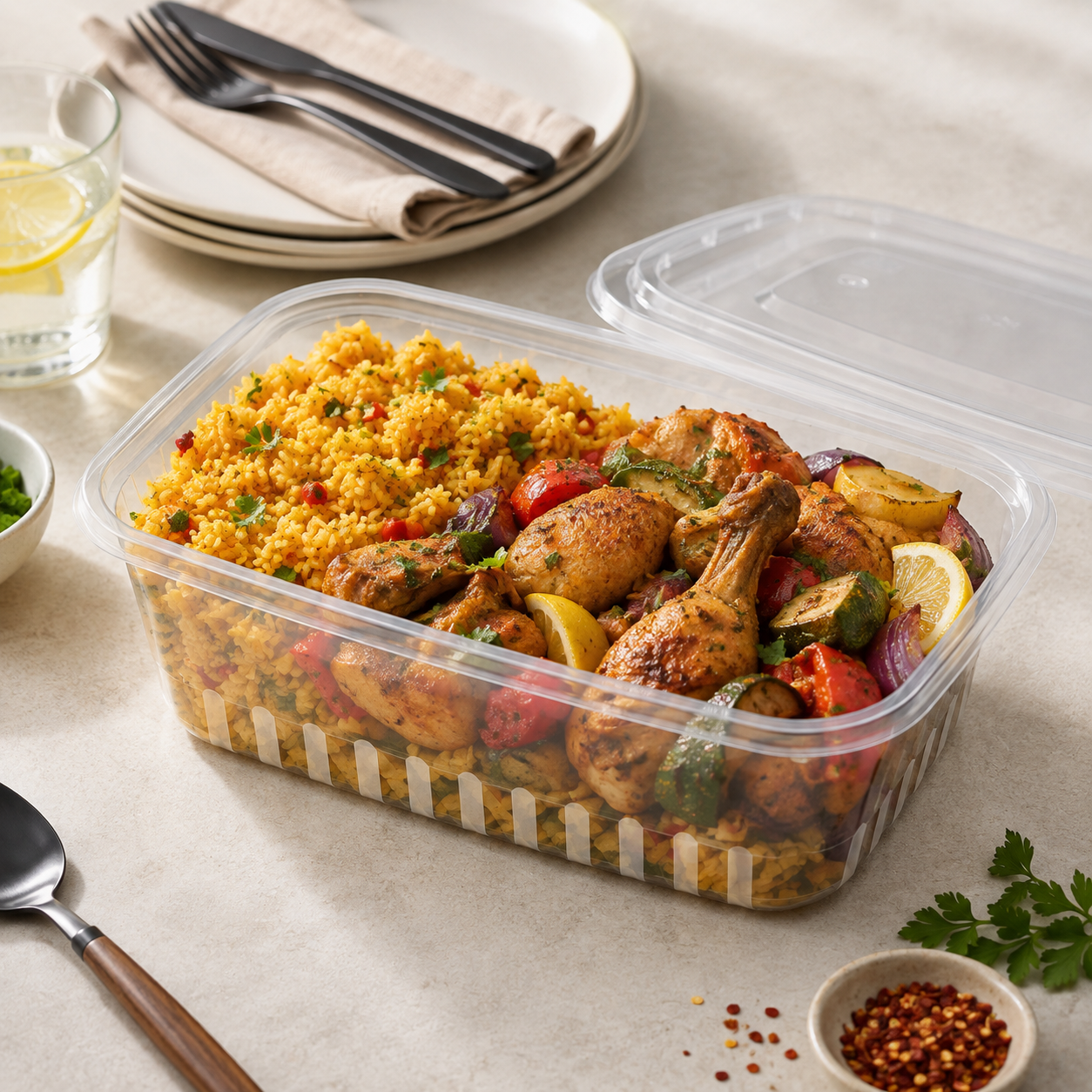 1500ml PP Square Food Trays Deep Rectangular Lidded for Catering