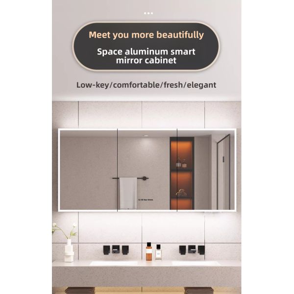 Smart Modern Medicine Bathroom LED Mirror Cabinet Water Resistant Illuminated Storage Organizer Aluminum Frame for Hotel Villa
