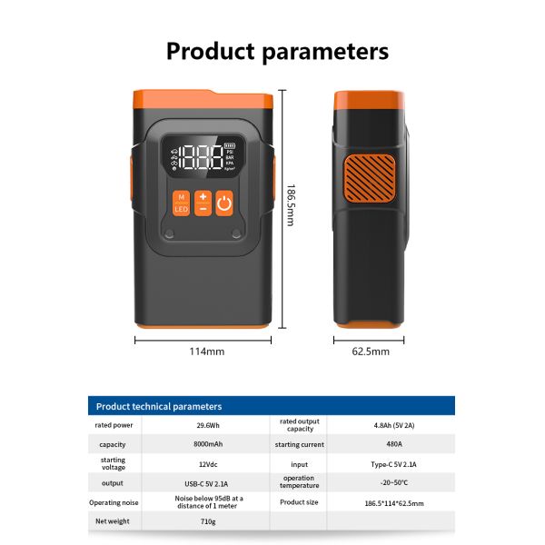 1200A Peak Current Portable Car Jump Starter 8000mAh Portable Battery Jump Starter Integrated Air Inflator