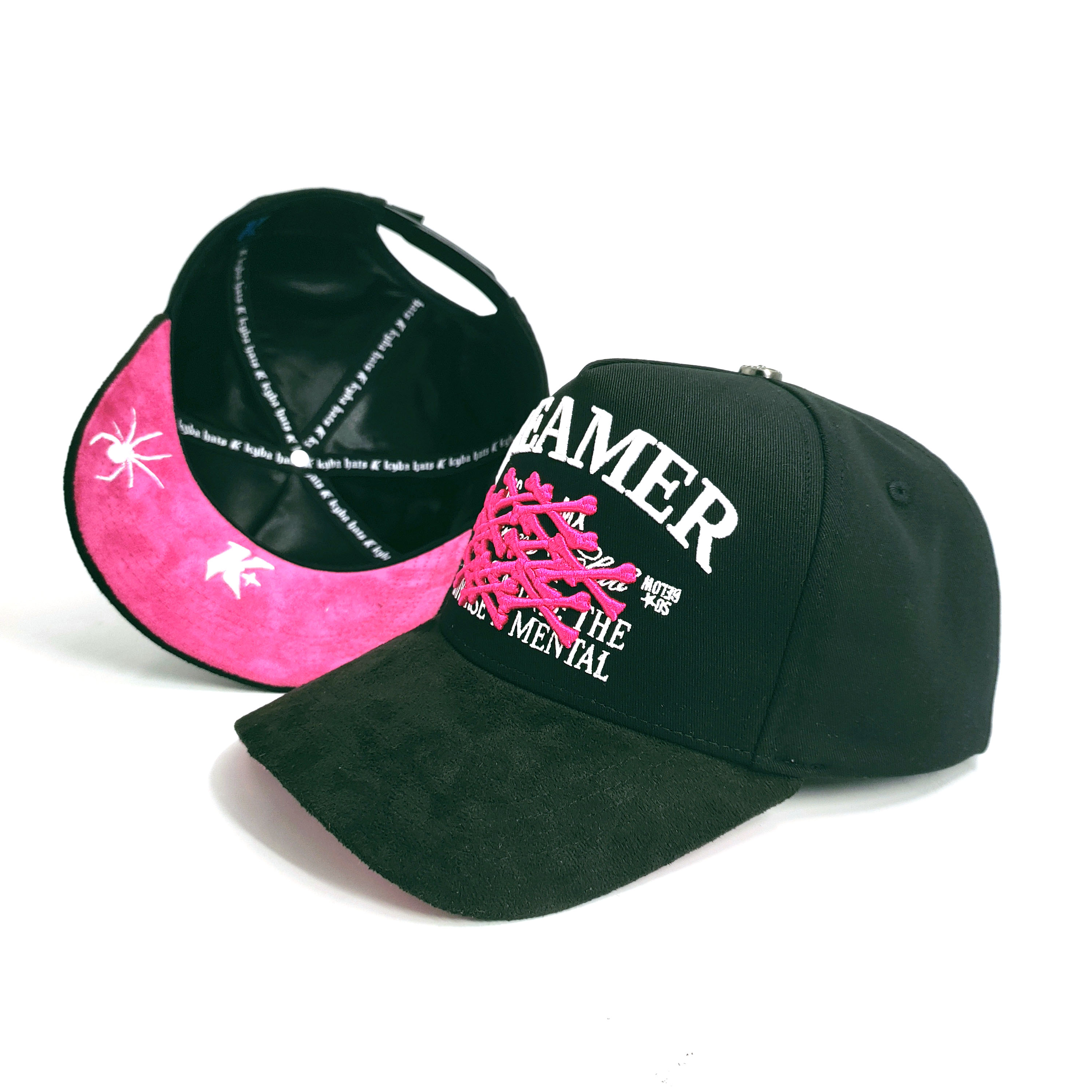 Streetwear Baseball Hats Customize 3D Embroidery Logos Hot Pink Suede Brim High Crown Cotton Full Black Satin Lined
