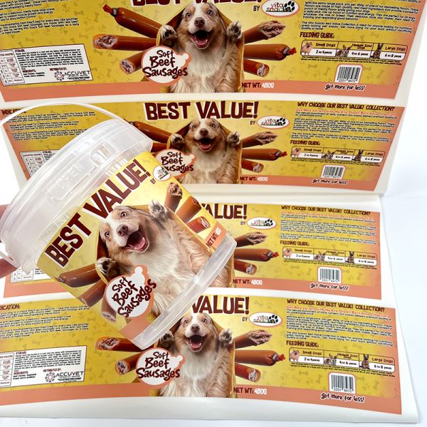 Custom Printed Waterproof Vinyl Dog Food Label Sticker for Craft Candle Minimum Order 500pcs Adhesive Packaging for Beef Sausage