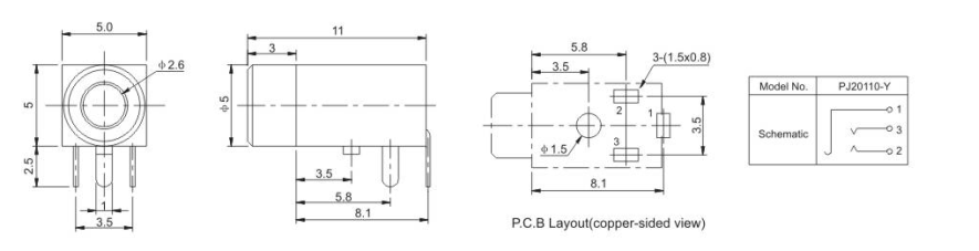 гнездо штепсельной вилки телефонного гнезда 2.5mm Mono - телефон аудио PJ20110 Pcb