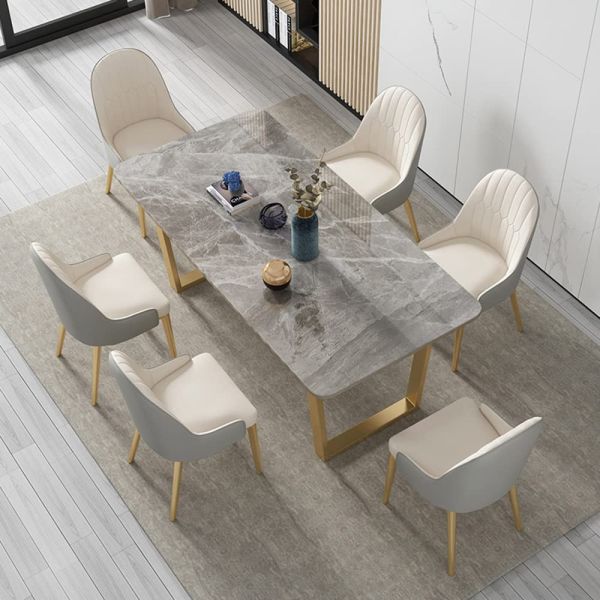 Серые официальные обеденный стол и стулья, обитый обеденный стол металла низкопробный