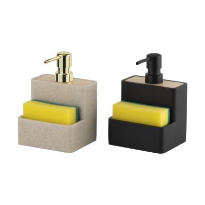 Square Polyresin Kitchen Utensil Caddy Soap Dispenser With Bamboo Top And Sponge
