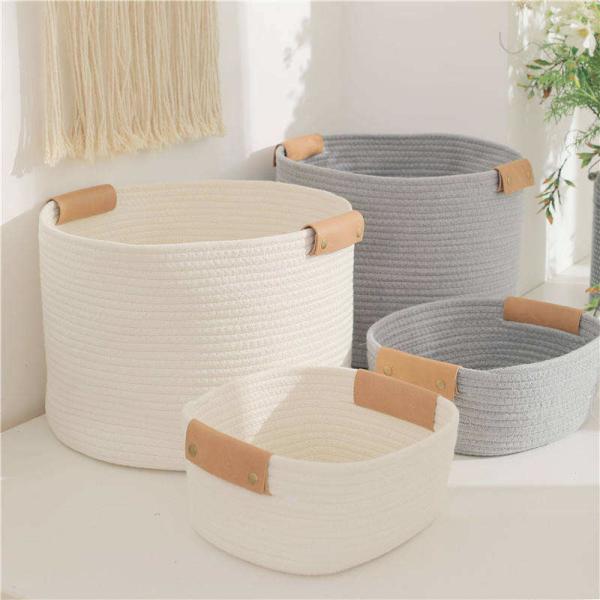 Decorative Containers KingWell Handwoven Storage Basket With Leather Handles