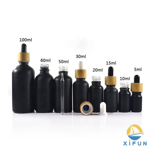 Luxury Bamboo Lid Dark Glass Dropper Bottles With Black Matte Glass Material