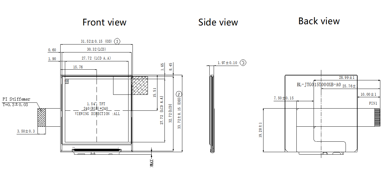 1.54 Inch Square LCD Display With 240×240 Resolution 400cd/M2 Luminance