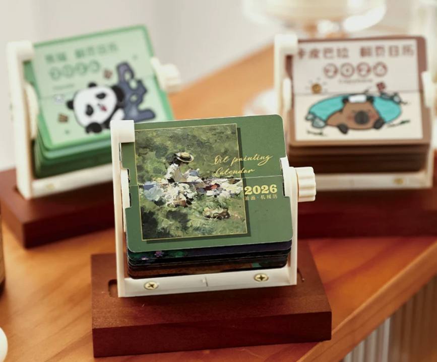Hand-Crank Mechanical Flip Desk Calendars With Wooden Stand For Office Decor