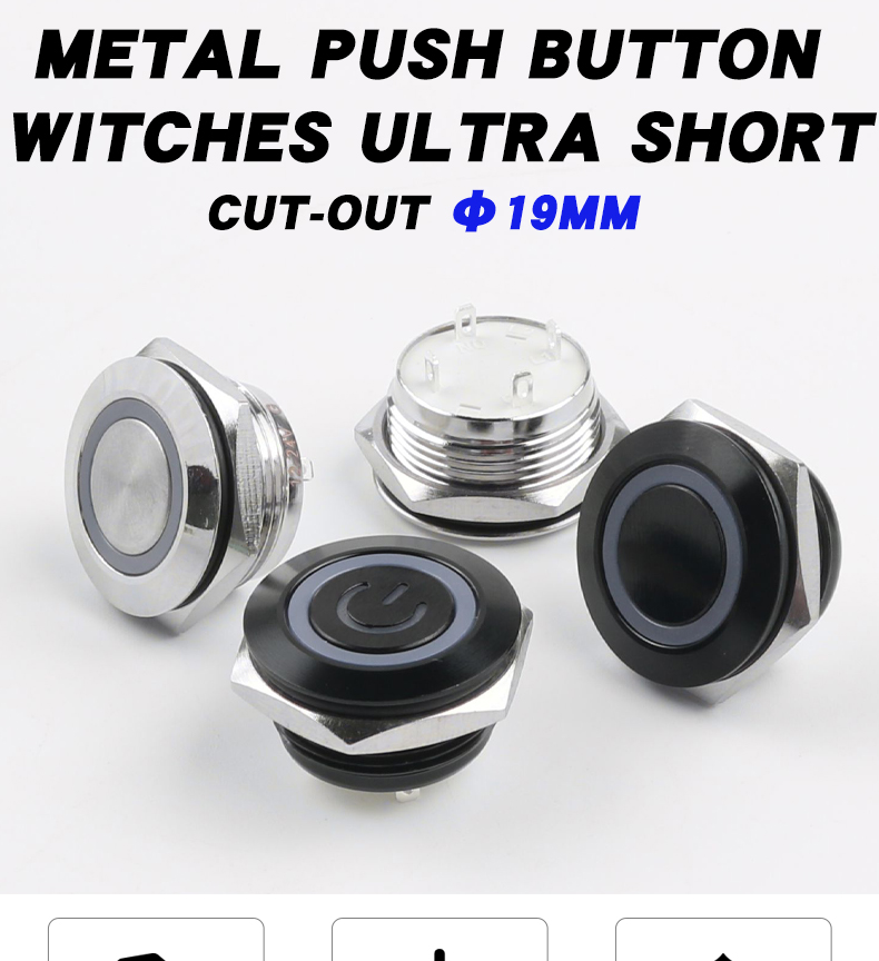 19mm IP67 Waterproof Aluminum 1NO Push Button Switch LED Light (2/3-Color) Silver/Black Shell 1A Max Current 24V Max Voltage
