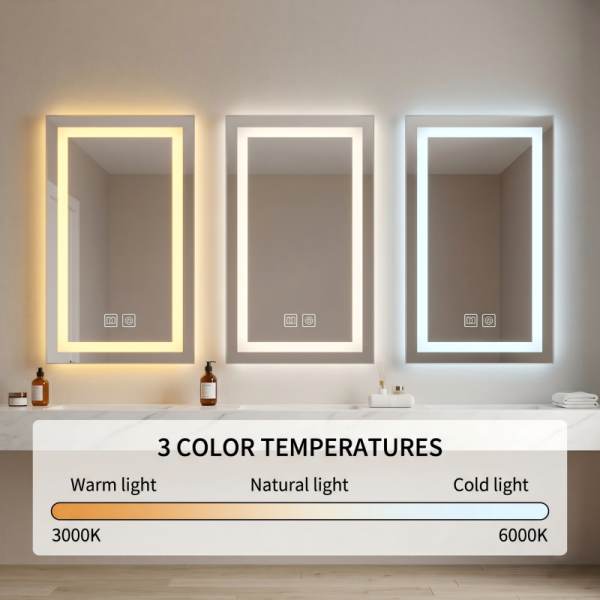 Kingstin Smart LED Bathroom Mirror, Frameless Backlit Wall Mirror, Dimmable 3-Color, Anti-Fog, Motion Sensor, Custom Size