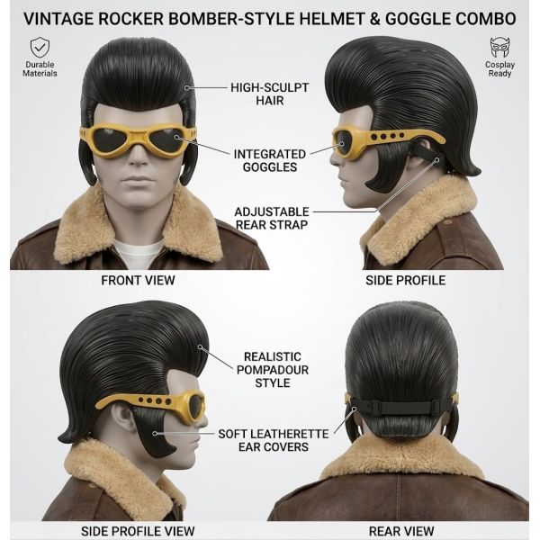 Retro Rockabilly Pompadour Latex Mask with Gold Goggles - Cool 50s Grease Style Full Headpiece for Adult Cosplay Party Props