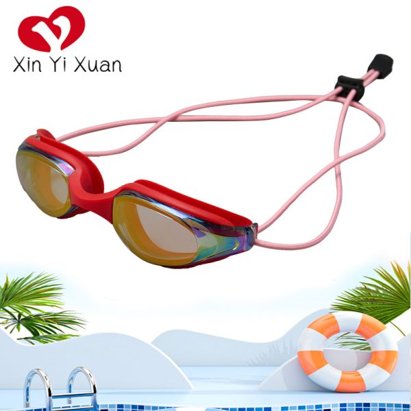 New style swimming goggles with elastic head straps. Professional adult swimming goggles for training and outdoor use with anti-fog feature. Colorful electroplated swimming goggles.