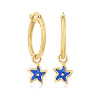 Pendientes azules italianos del aro de las estrellas de mar del esmalte en el oro amarillo 14kt. 1 1/4