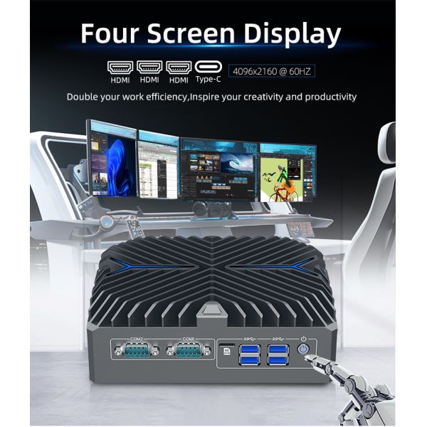 14th Gen Core Ultra 5 125U Industrial Mini PC with Fanless Design and Din-Rail Mount for Edge Computing
