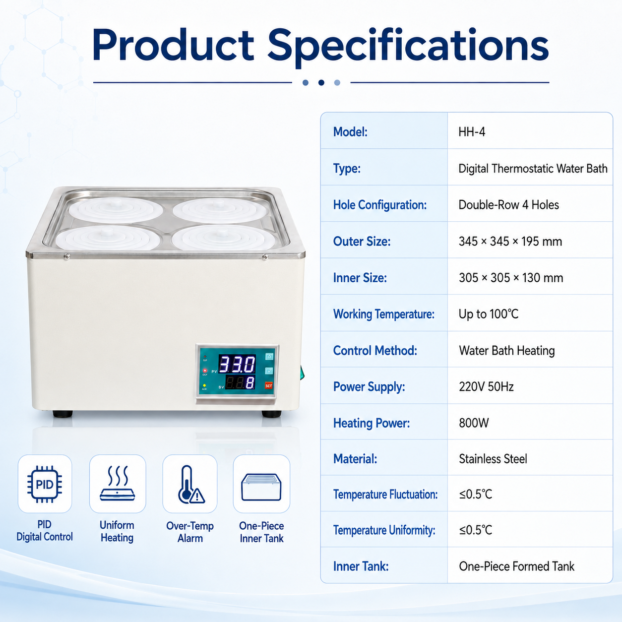 Cenlee Four-Hole PID Digital Thermostatic Water Bath 100°C 800W for Biology Sample Warming and Incubation