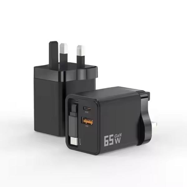 65Wの 65cmの引き取り可能なケーブルガN充電器 (USB-C + USB + C型ケーブル) PD3.0 PPS QC4.0 急速移動充電器