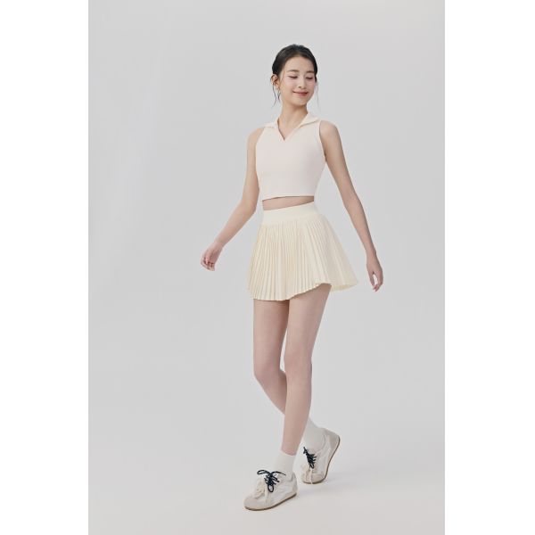 Brown Ribbed Sleeveless Polo Crop Top with Cream Pleated Skirt Set for Activewear and Casual Outfits