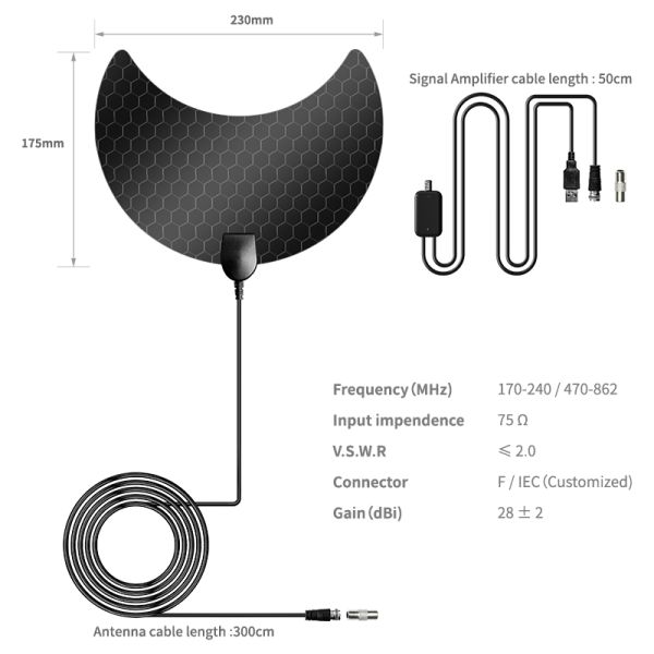 CE/FCC/ROHS/ISO9001 2000 Сертифицированный 300*330 мм Фильм Размер 4k Внутренний кабельный HDTV антенна