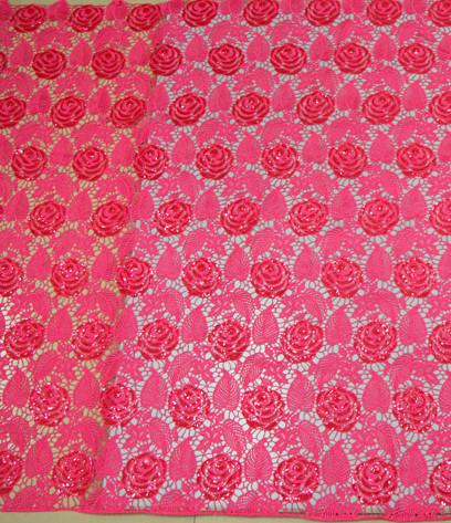 Chemical lace with Red/Pink /Orange Color  + Embroidery Sequin Lace Fabric