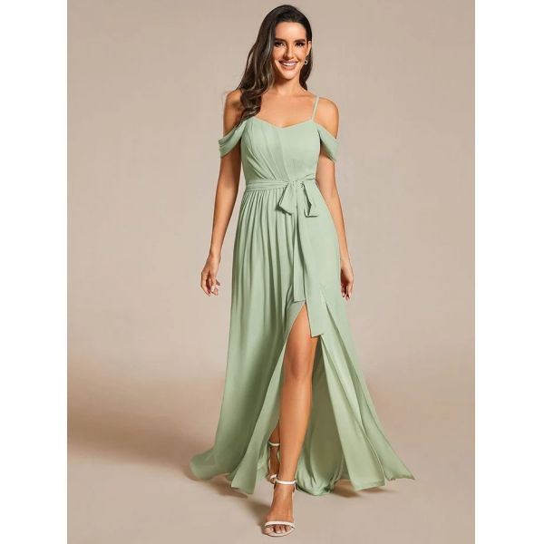 Plus Size A-line Ruffled V-neck Spaghetti Strap High Slit Burgundy Chiffon Party Dress