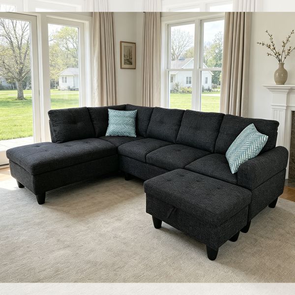 L-Shaped Sectional Sofa with Dropdown Table and 2 Pillows, Ottoman with storage, Black Fabric