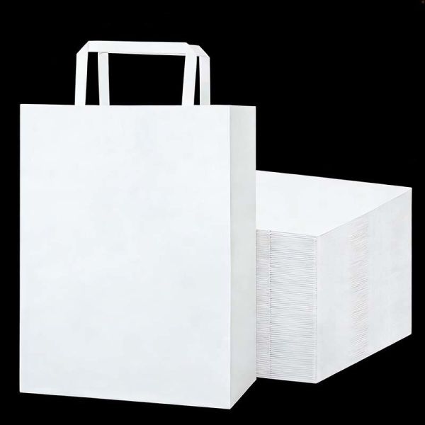 Eco Compliant Flat Handle Paper Bag Non Toxic White Paper Shopping Bag Leak Resistant