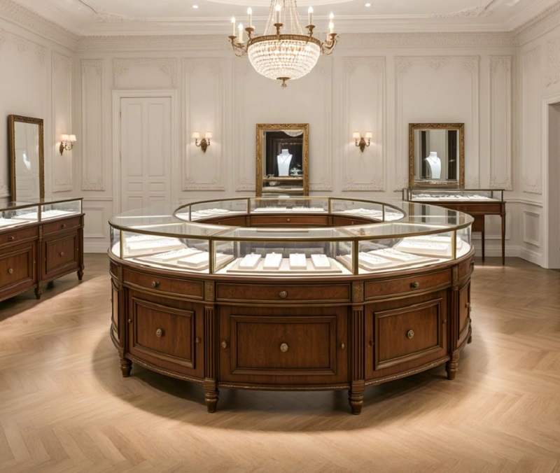 Vintage Walnut Wood 360° Curved Island Jewelry Display Counter with LED Lighting for Luxury Boutiques
