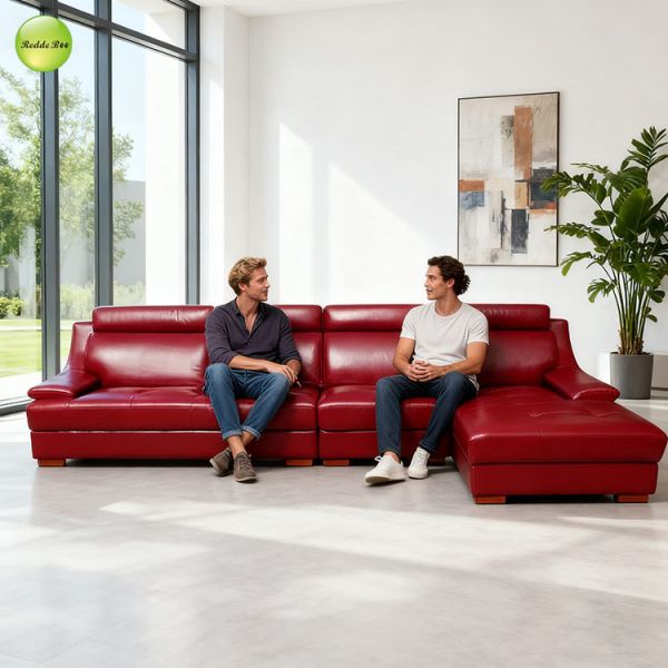 Bold Red Leather L - Shaped Sofa: Vibrant, Plush – Perfect for Lively Conversations