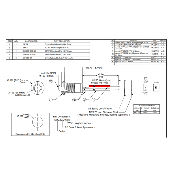 Mpc5Rdw12.0 LED Panel Mount Indicators 5mm Red Dif 12in Mtl Panel Mnt Ind LED Diode Lighting