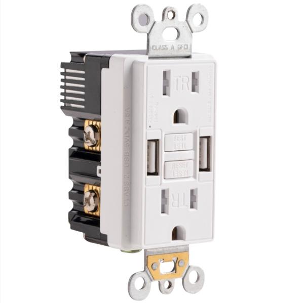 Auto Monitoring Secure GFCI Sockets 15A GFCI USB Outlets Customized With 2 USB