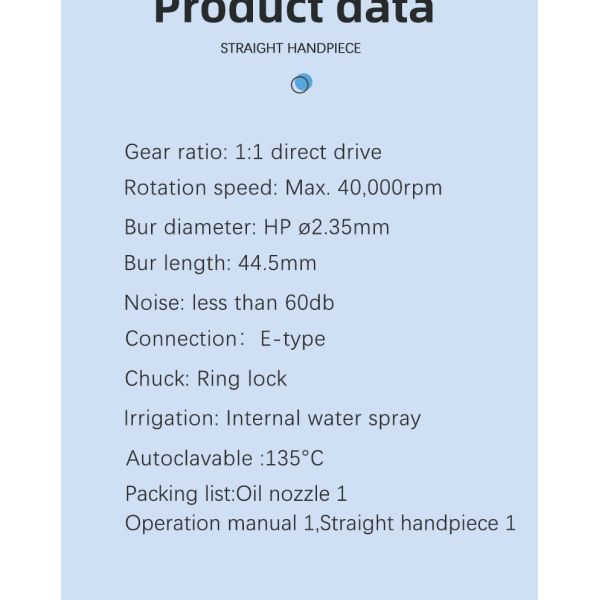 Stainless Steel Dental Straight Nose Cone Handpiece Unit 25000RPM With Inner Water Spray