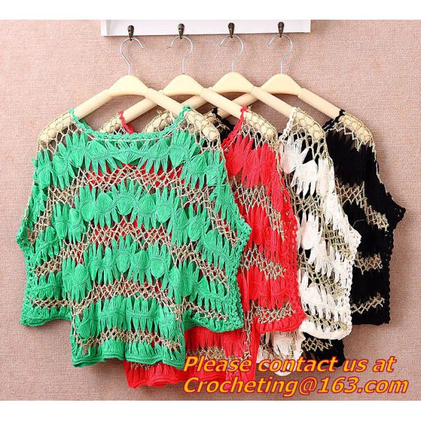 Women Hand Crocheted Batwing Sleeve Sweater, Cover up, pull over, Garment with hat, appare