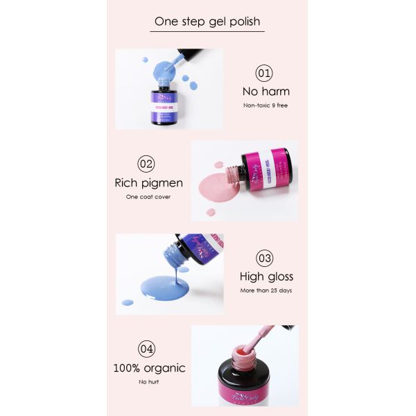 Vernis à ongles gel 1 étape organique service personnalisé, certifié CPSR, 48 couleurs, volume 10 ml