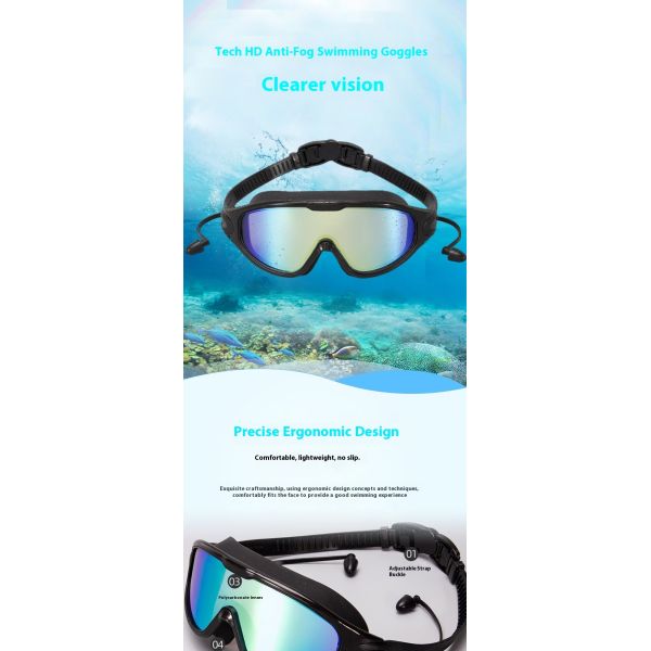 Adult Myopia Swimming Goggles with Integrated Silicone Earplugs, Large Frame Waterproof & Anti-Fog Swim Glasses, OEM/ODM Custom for Europe & America Cross-Border Market