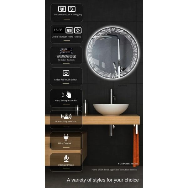 Simple flameproof Led Smart Touch Screen Anti-fog Round Sensor Mirror with Light(WH-MR-101)