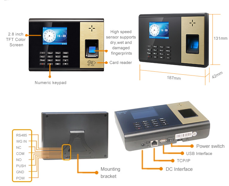 SIM-карта GPRS система посещаемости времени Thumbprint 2,8 дюймов
