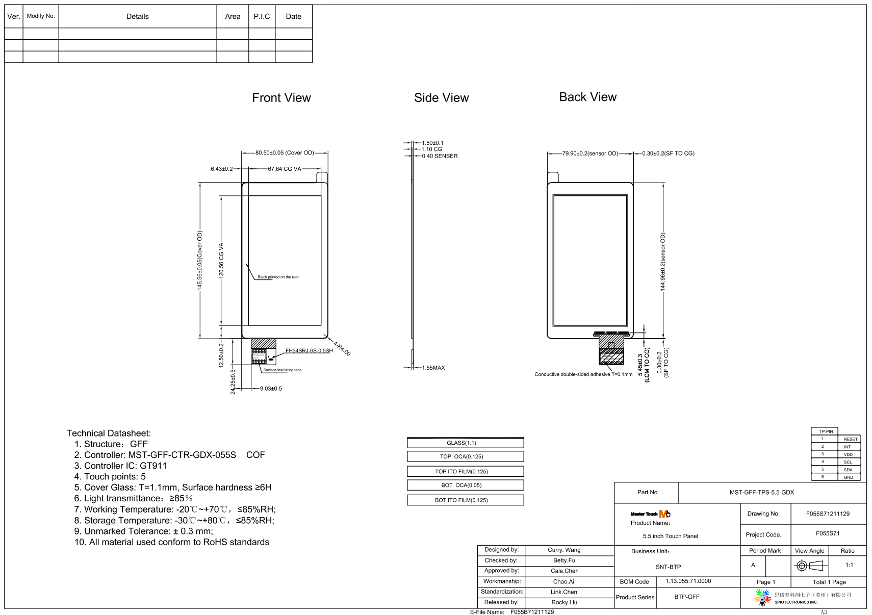 ISO 5,5 сенсорная панель стороны FPC GFF дюйма мини короткая для дозора