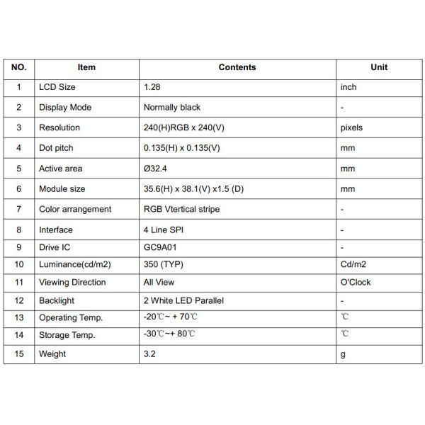 1.28 Inch Round Type LCD Display 12 Pin Display 240x240 Driver GC9A01 SPI Interface