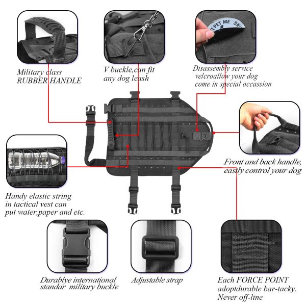 Outdoor Breathable Dog Walking Harness , Waterproof Tactical Dog Harness Backpack