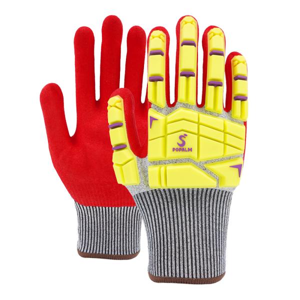 13 Gauge Red Sandy Nitrile Polyester Gloves Anti Slip TPR Impact Protection Gloves